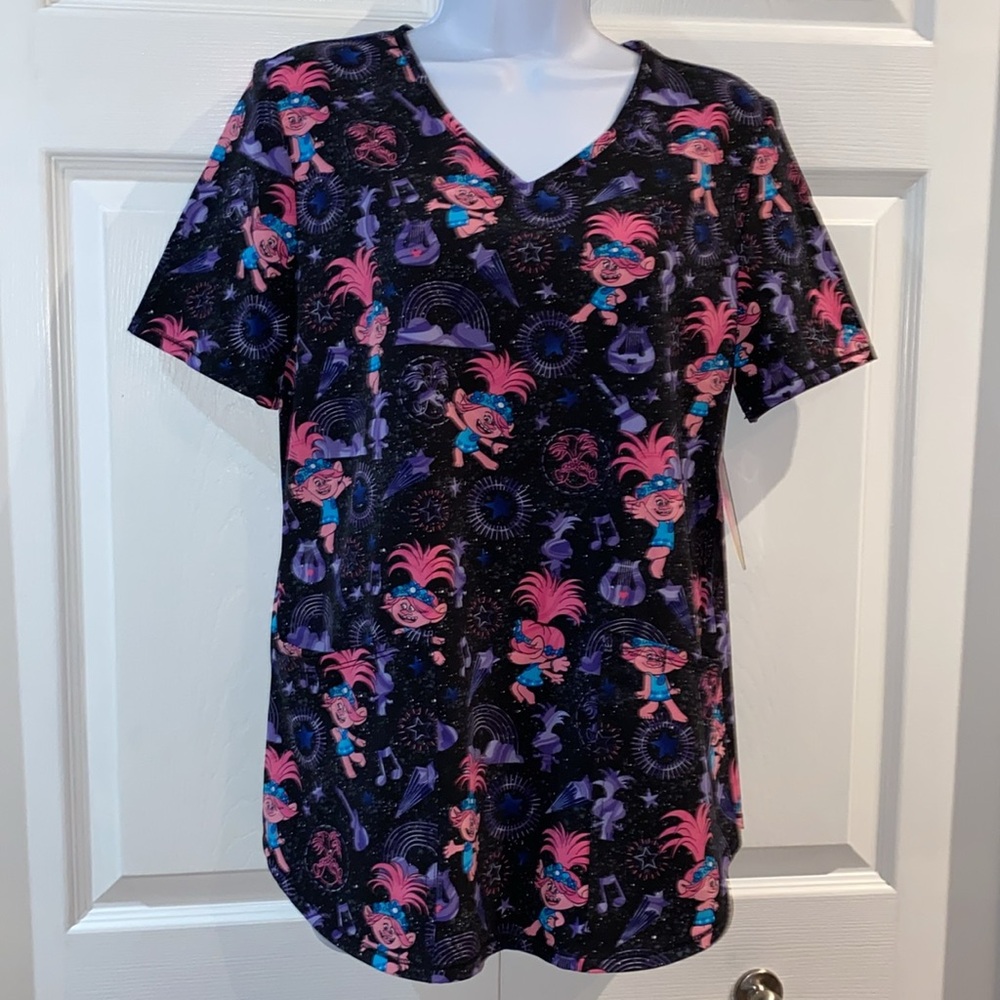 Trolls Keep it Happy Ladies V Neck Print Short Sleeve Scrub Top Size Small